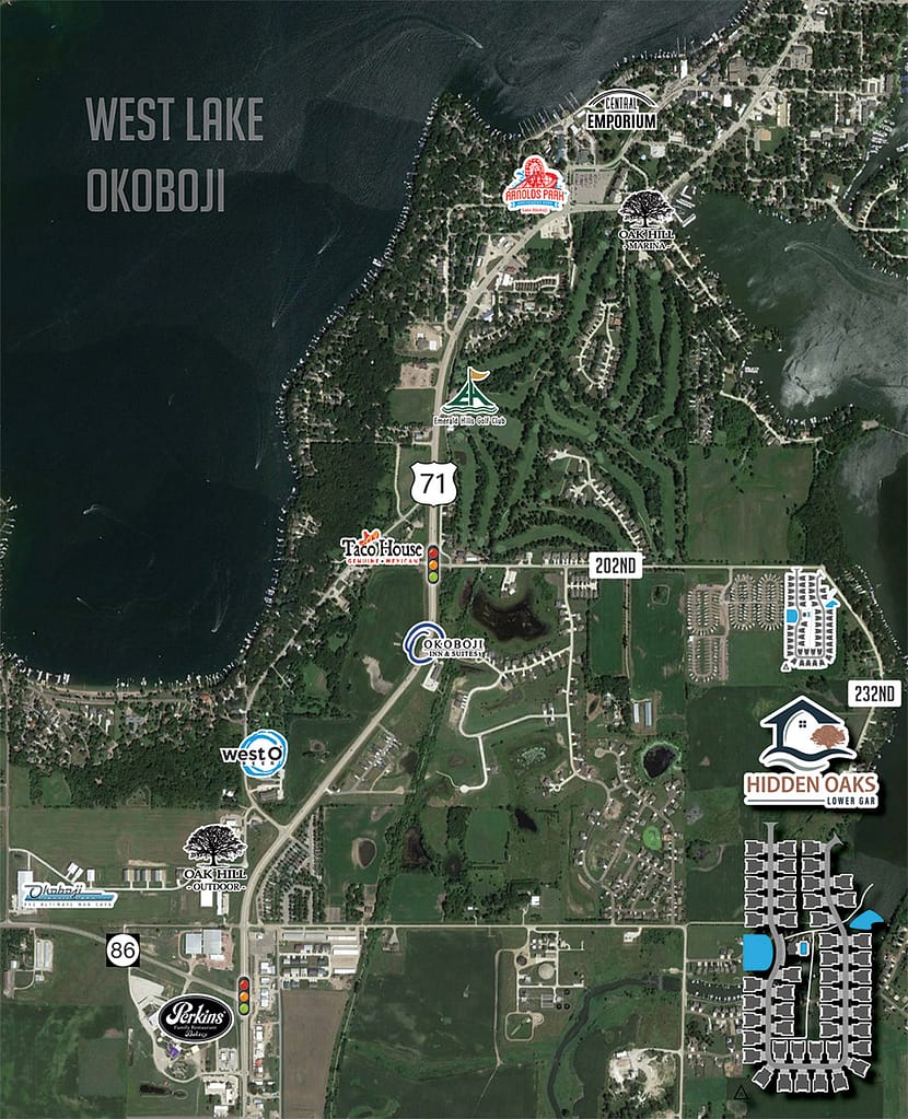 Map of West Lake Okoboji attractions and Hidden Oaks location.